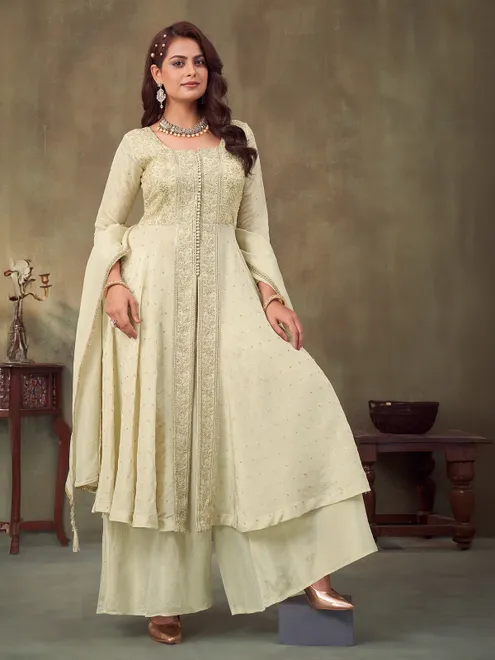 Cream silk georgette embroidered palazzo suit