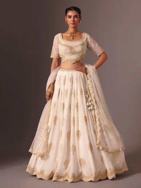 Cream silk georgette pearl work lehenga choli