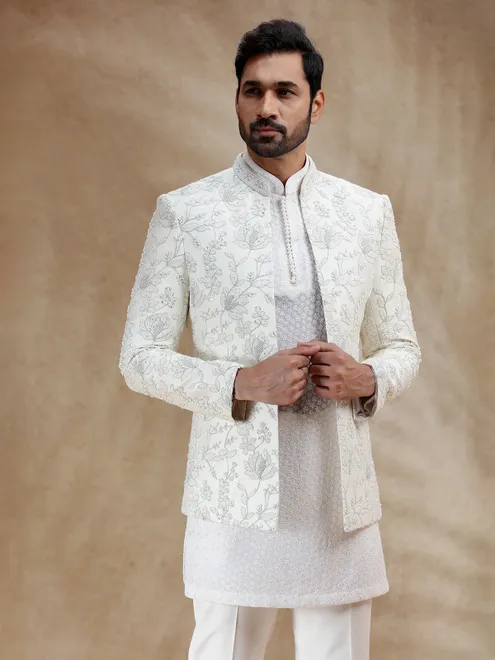 Cream silk indowestern set for men