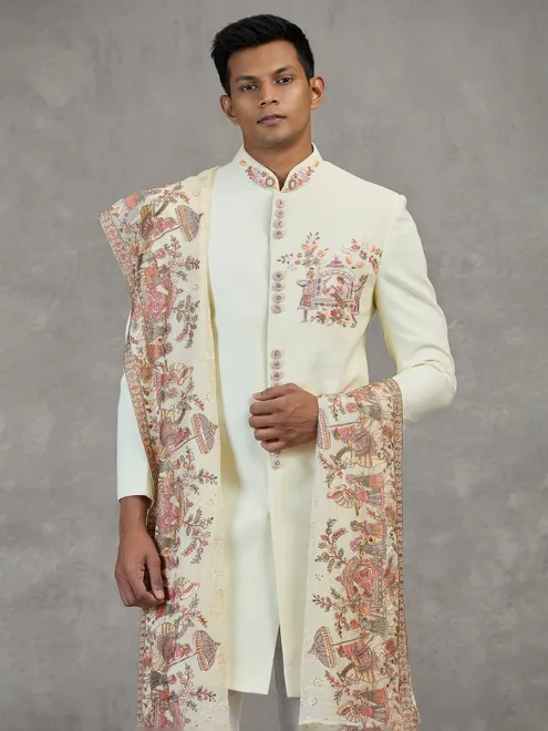 Cream silk Indowestern set with embellished dupatta