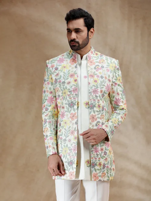 Cream silk indowestern set with embroidered coat