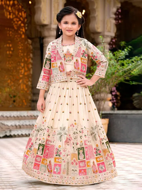 Cream silk jacket style lehenga choli for girls