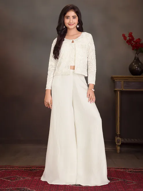 Cream silk jacket style palazzo suit for festive