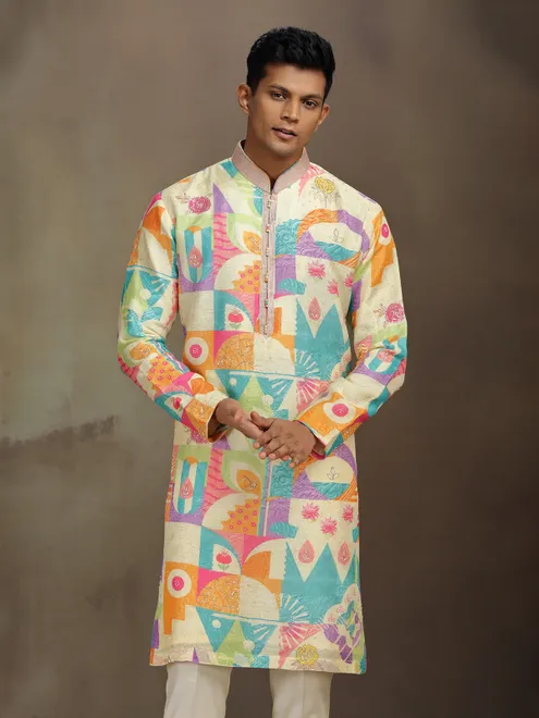 Cream silk kurta pajama with resham and beads