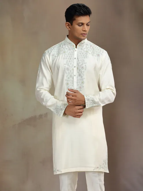 Cream silk kurta suit with sequins and thread detailing