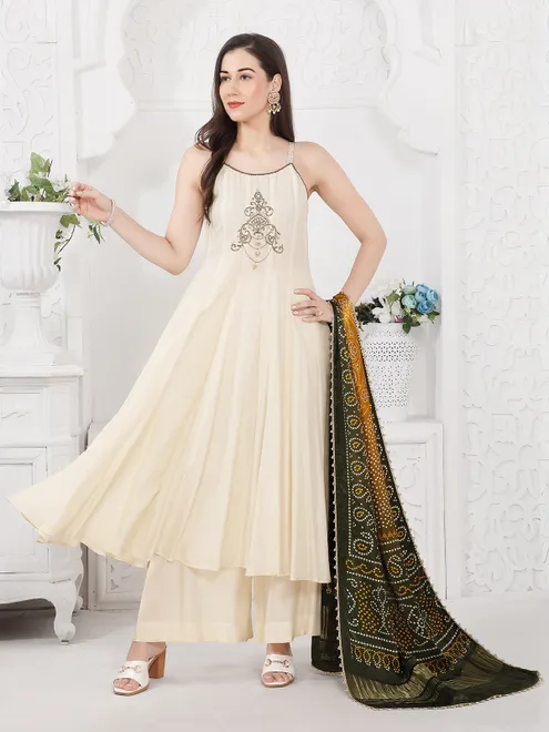 Cream silk kurti set for festive celebration