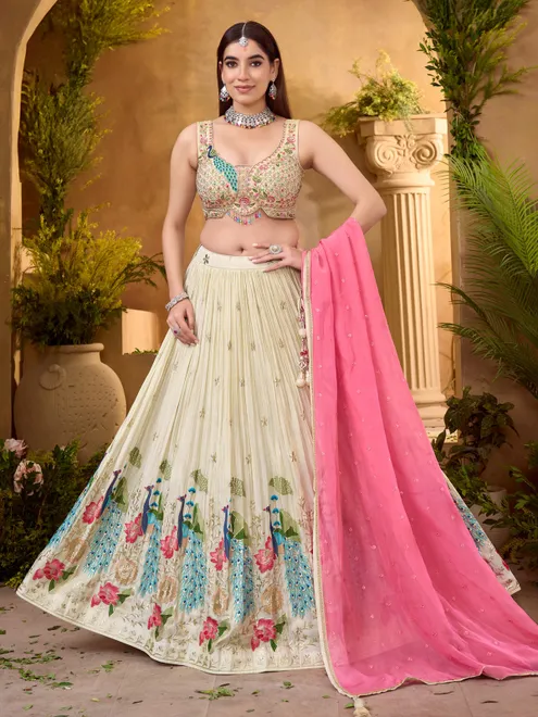 Cream silk lehenga choli with embroidery work