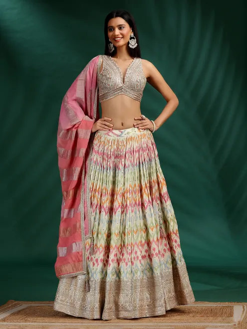 Cream silk lehenga choli with multicolor thread work