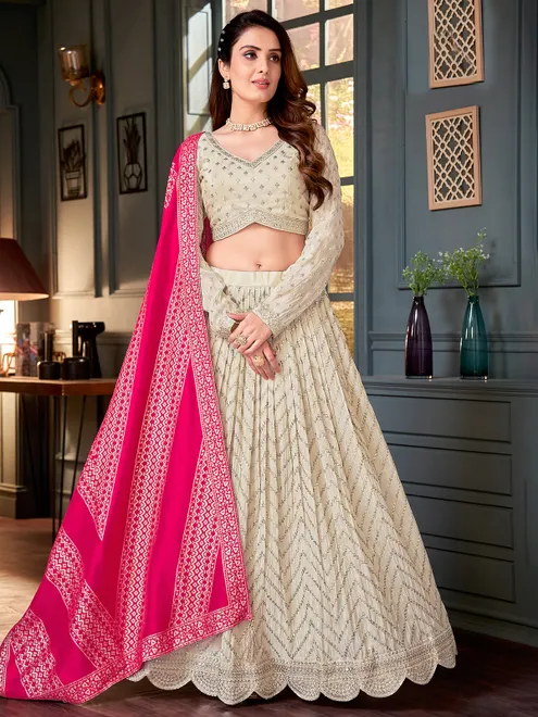 Cream silk lehenga choli with sequins work