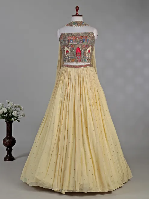 Cream silk lehenga choli with zardosi highlights