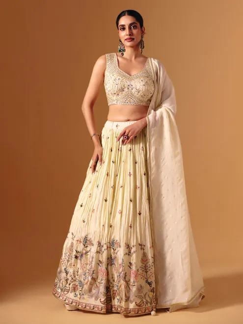 Cream silk mirror work designer lehenga choli