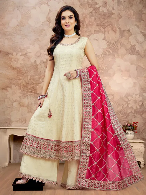 Cream silk palazzo suit with dupatta for women