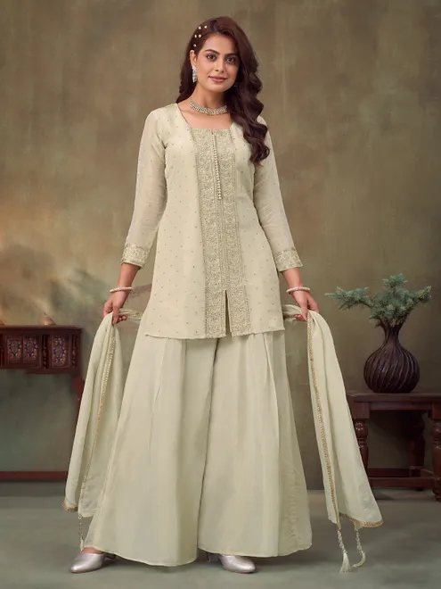 Cream silk palazzo suit with embellishment