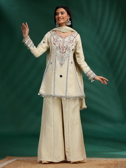 Cream silk palazzo suit with mirror and aabla work
