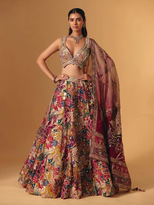 Cream silk printed aabla work lehenga choli for women
