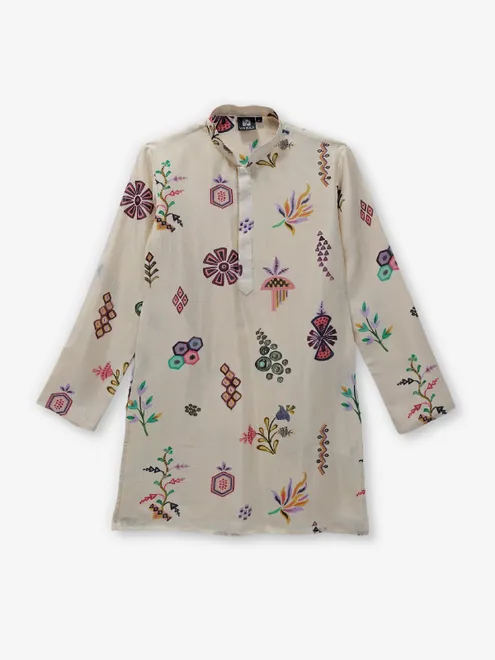 Cream silk printed festive kurta suit