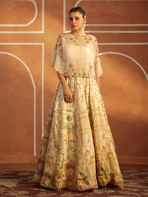 Cream silk printed lehenga choli for wedding
