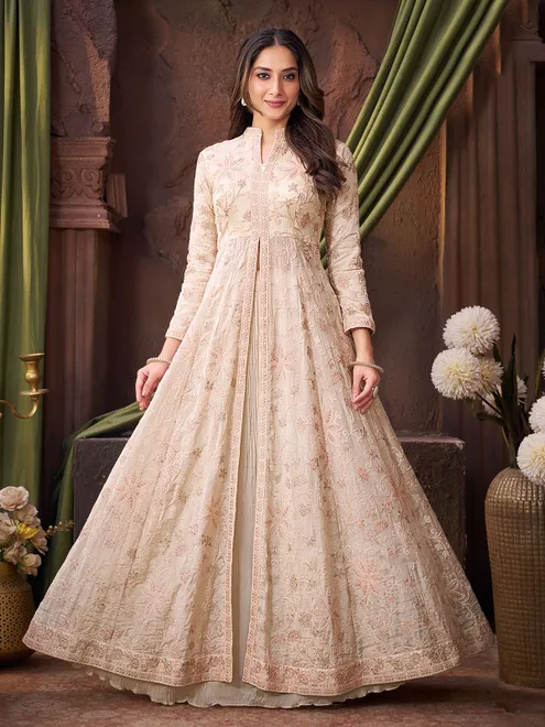 Cream silk reception chiffon lehenga suit