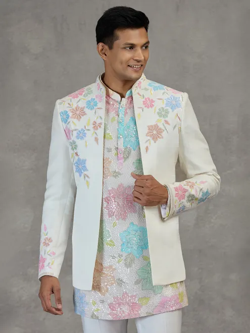 Cream silk reception wear Indowestern ensemble