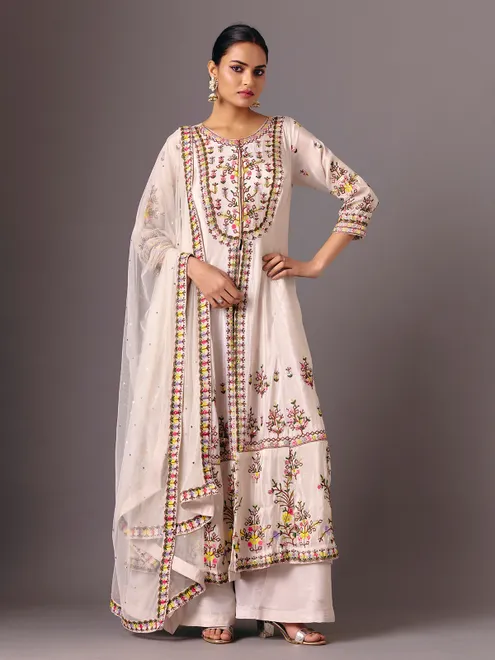 Cream silk round neck embellished palazzo suit