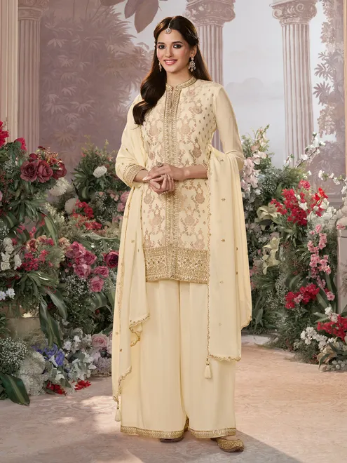 Cream silk salwar suit with dupatta for festive wear
