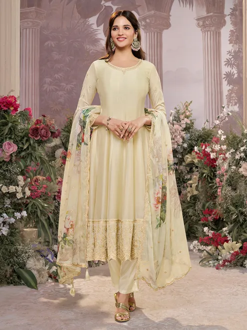 Cream silk salwar suit with printed dupatta for women