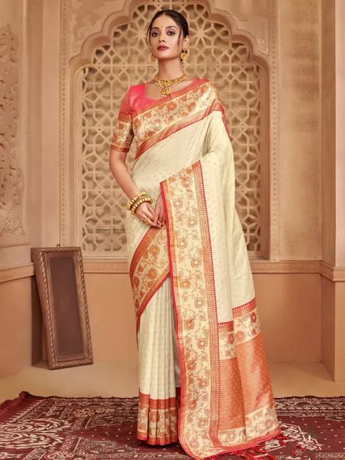Cream silk saree for festive charm