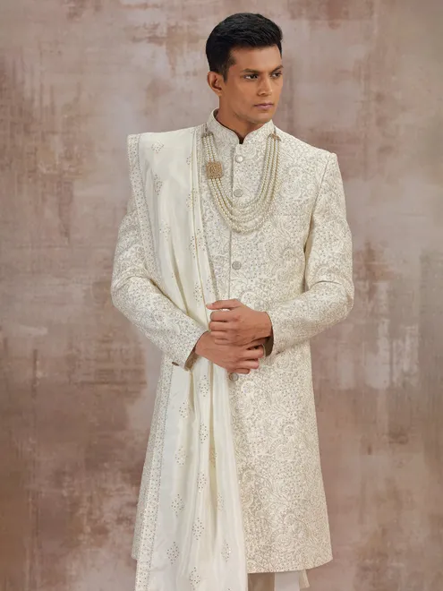 Cream silk sherwani with dupatta for groom