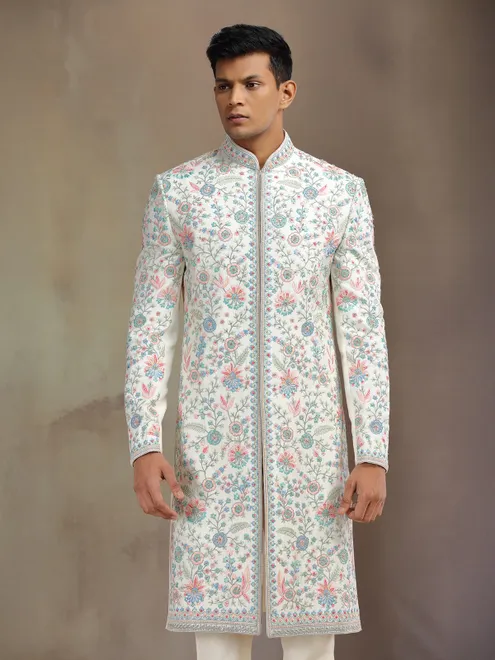 Cream silk sherwani with dupatta for wedding wear