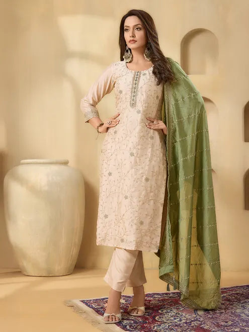 Cream silk straight cut green dupatta salwar suit