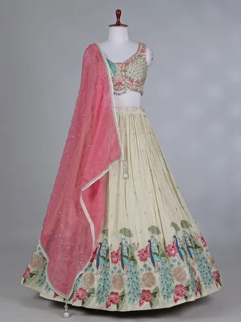 Cream silk sweetheart bridal lehenga choli