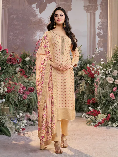 Cream silk U neck printed festive suit