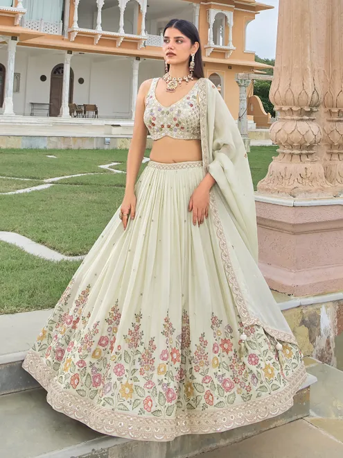 Cream silk U neck wedding wear lehenga choli