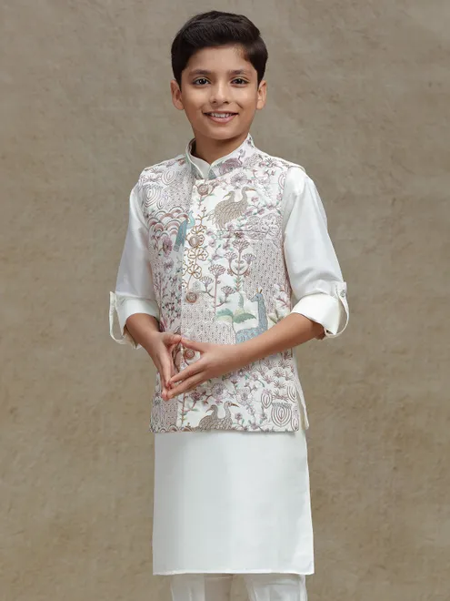 Cream silk waistcoat set for festive wear