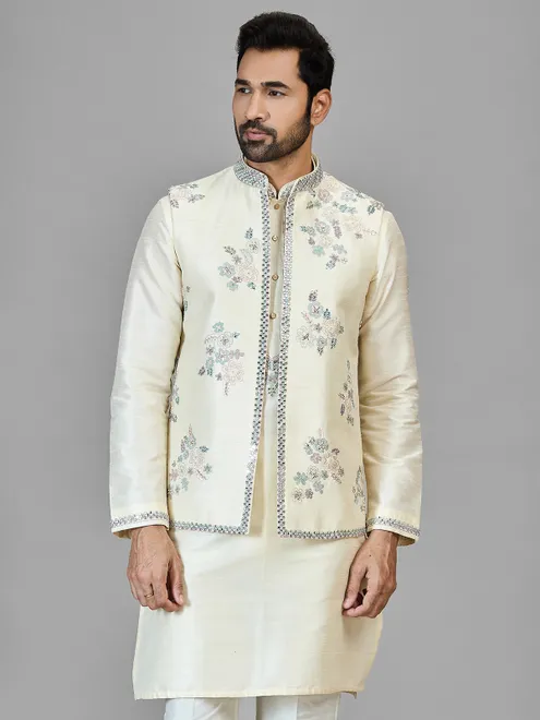 Cream silk waistcoat set with aabla work
