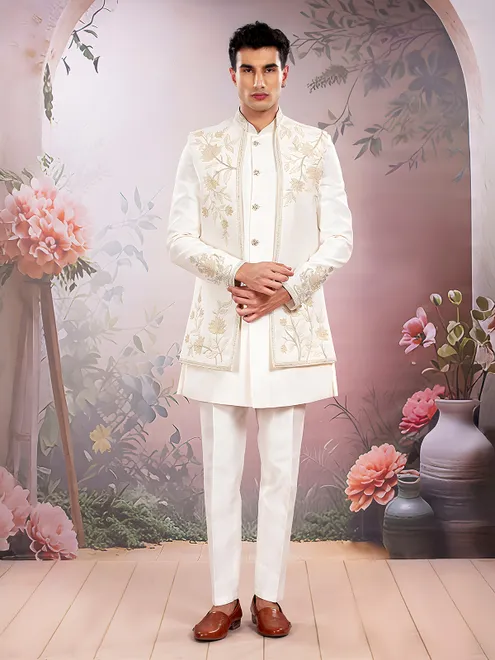 Cream silk wedding wear indowestern set with embroidery