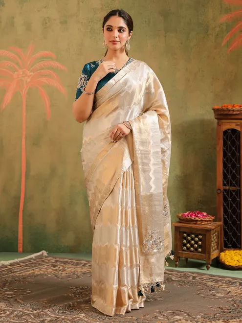 Cream silk wedding wear saree for wedding
