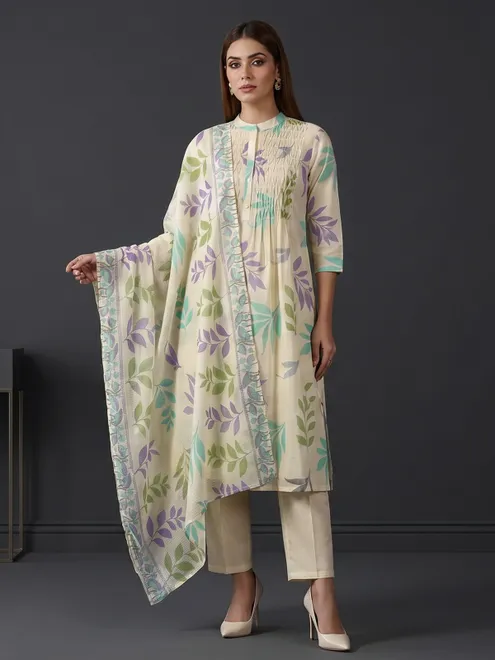 Cream smocked yoke cotton kurti set edit