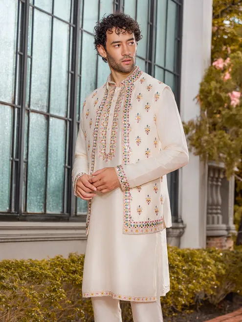 Cream soft art silk thread waistcoat ensemble