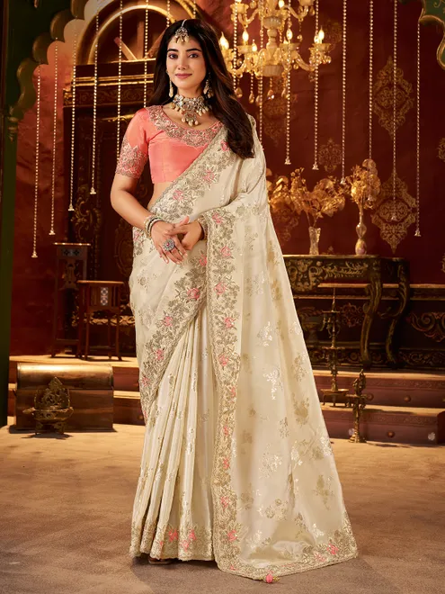 Cream soft silk zardosi work saree