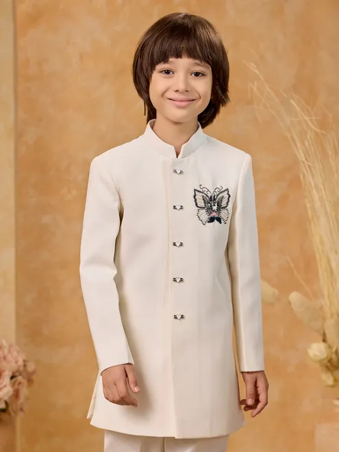 Cream terry rayon heart button indo western set