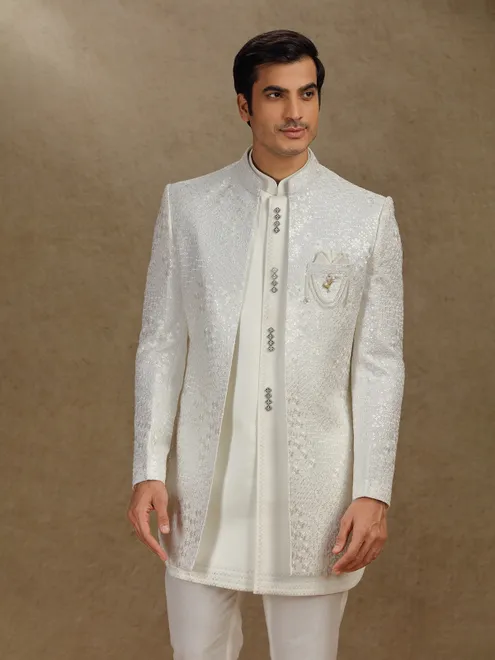 Cream terry rayon indo western for mens wedding wear