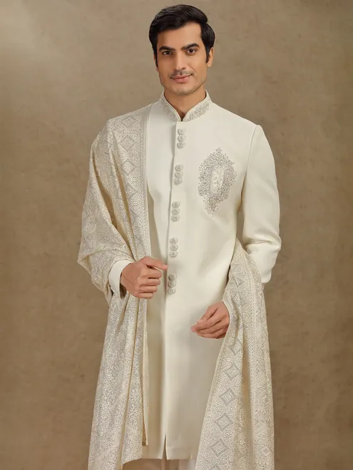 Cream terry rayon indo western with embroidery dupatta