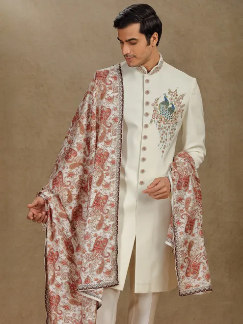 Cream terry rayon indo western with printed dupatta