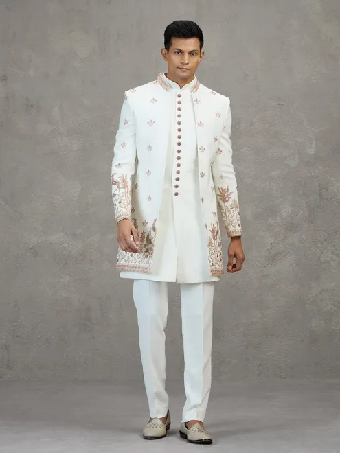 Cream terry rayon indowestern set for wedding occasions