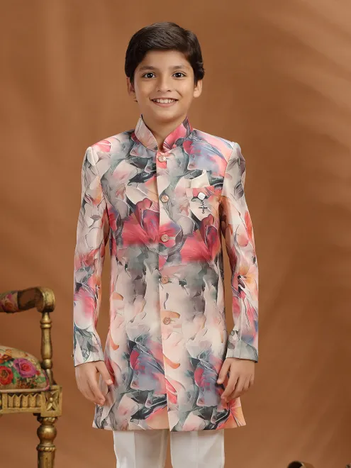 Cream terry rayon printed boys indo western ensemble