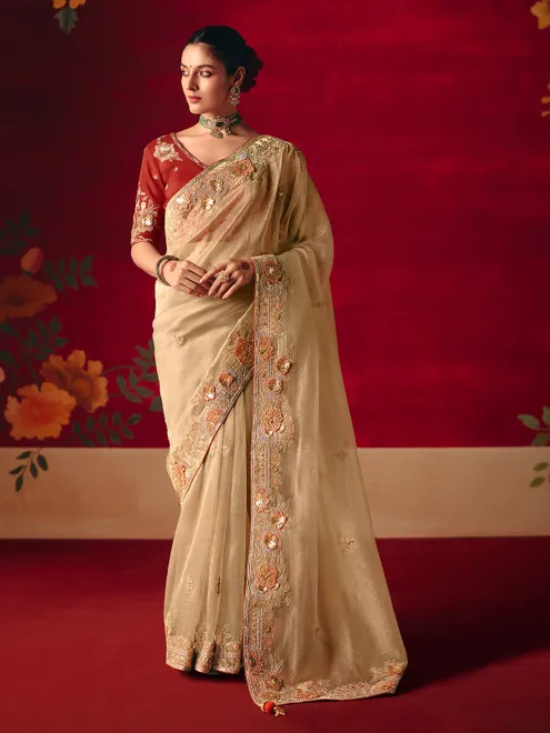 Cream tissue organza embroidered work saree