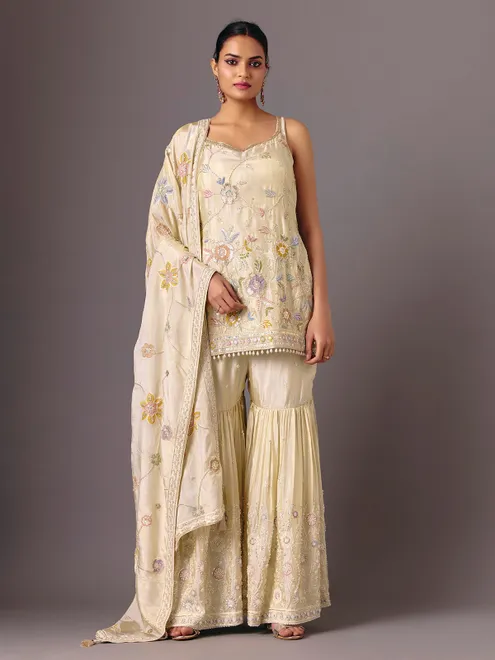 Cream tissue shimmer sleeveless detailed sharara suit