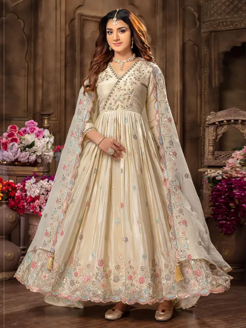 Cream tissue silk anarkali suit for women