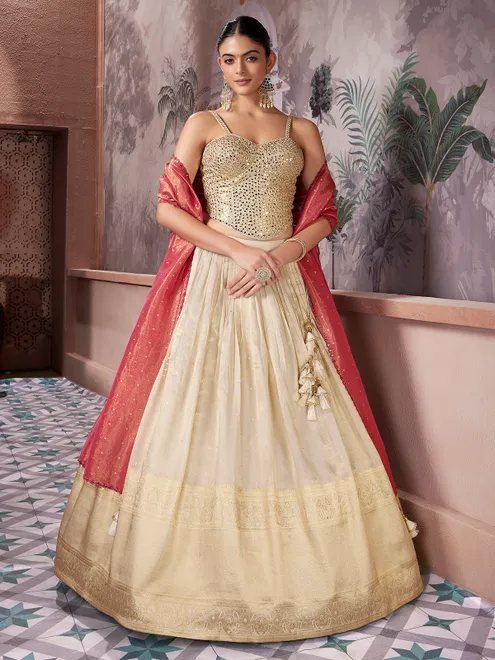 Cream tissue silk designer sweetheart neck lehenga choli